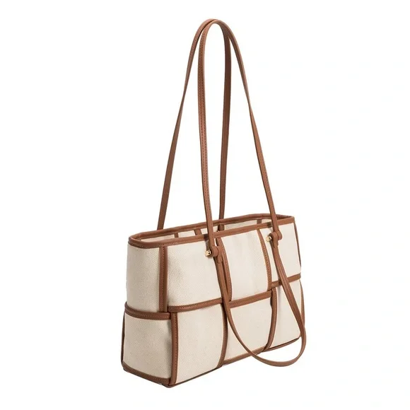 Melie Bianco Recycled Vegan Tote Bag in Tan & Cream - Picture 2 of 10